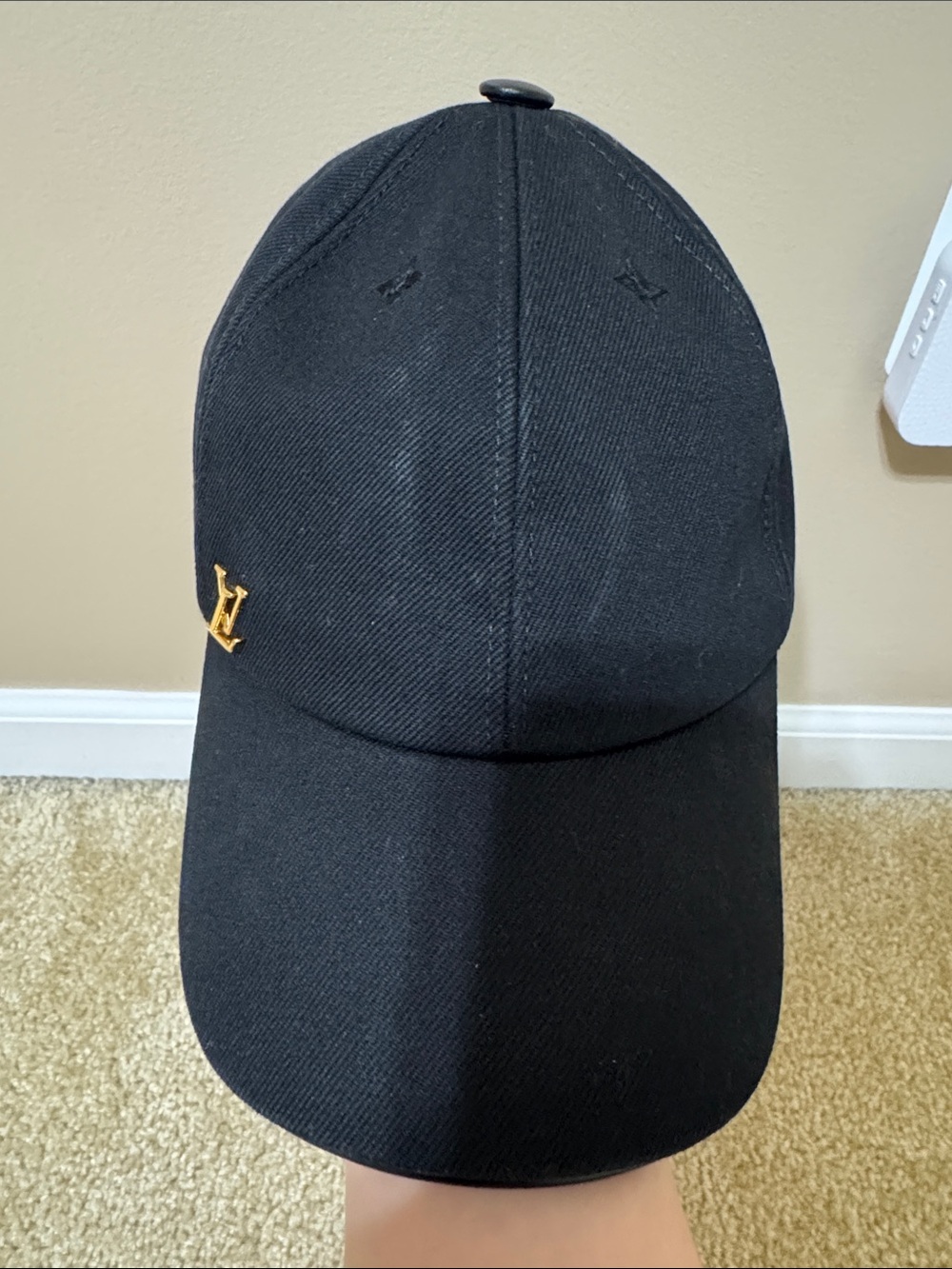 Louis Vuitton Black Baseball Cap with Gold LV Pin